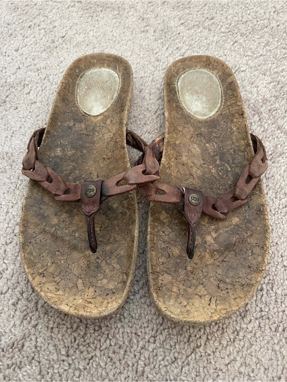 UGG Brown Leather Braided Thong Sandals